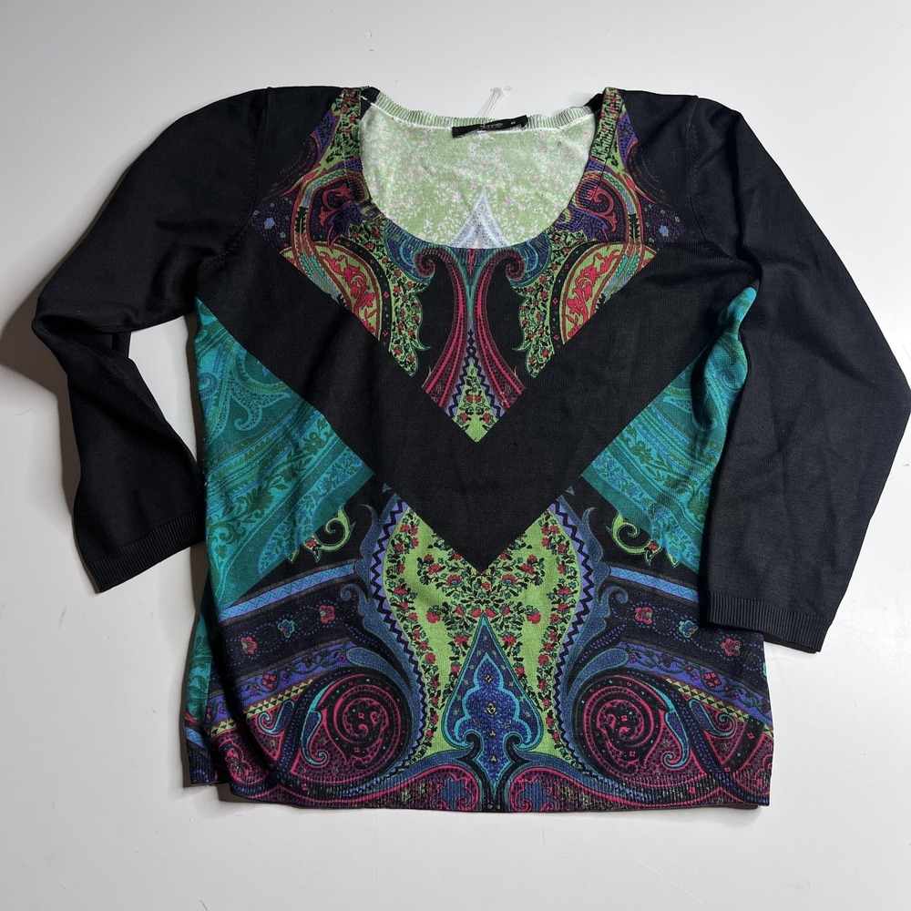 Etro Italy Silk Blend Paisley Print Knit Top Black Green Size 42 3/4 Sleeve